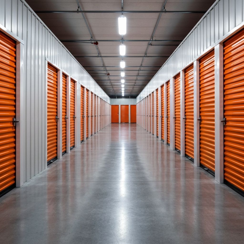 Clean, well-lit storage hallway with bright LED lighting
